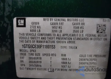 2015 GMC Canyon Slt z USA, uszkodzony, nr VIN 1GTG6CE36F1180153